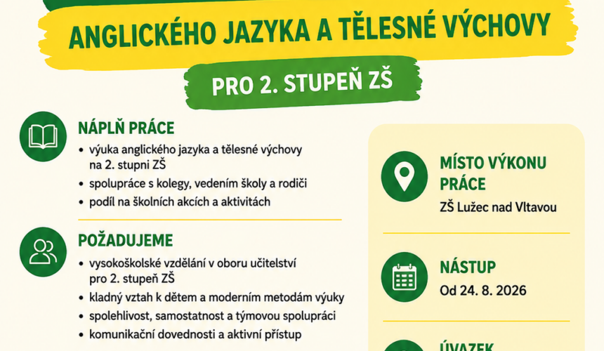 Volná pozice učitele AJ a TV Volná pozice učitele AJ a TV
